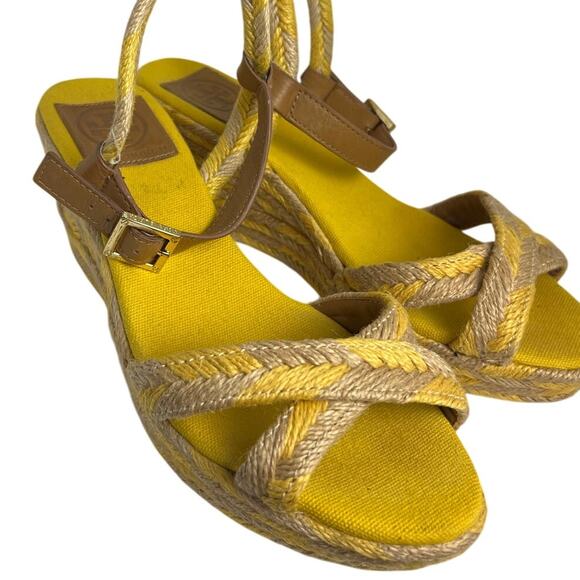 Tory Burch Camelia Yellow Espadrille Wedges Sandals Size 8 - Picture 1 of 9